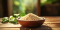 Quinoa in bowl on wooden kitchen table Royalty Free Stock Photo