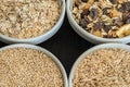 Quinoa, brown rice and oats. Healthy whole grain cereals. Vegan food concept Royalty Free Stock Photo