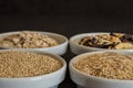 Quinoa, brown rice and oats. Healthy whole grain cereals. Vegan food concept Royalty Free Stock Photo