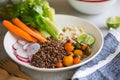 Quinoa with celery,carrot and hummus salad Royalty Free Stock Photo
