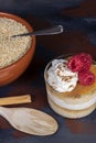 Quinoa flan with cream and raspberries