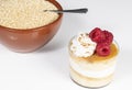 Quinoa flan with cream and raspberries