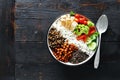 Quinoa lentil chickpeas vegetable vegetarian buddha bowl top view Healthy food