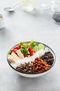 Quinoa lentil chickpeas vegetable vegetarian buddha bowl top view Healthy food