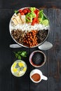 Quinoa lentil chickpeas vegetable vegetarian buddha bowl top view Healthy food