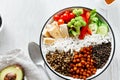 Quinoa lentil chickpeas vegetable vegetarian buddha bowl top view Healthy food