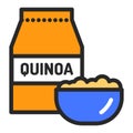 Quinoa packaging and a plate porridge color line icon. Proper nutrition sign. Healthy, organic food. Isolated vector element.