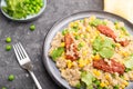 Quinoa porridge with green pea, corn and dried tomatoes on ceramic plate on a gray concrete background. Side view, selective focus