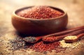 Quinoa. Red, black and white quinoa grains in a wooden bowl. Chenopodium quinoa Royalty Free Stock Photo