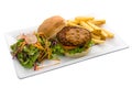 Quinoa Tofu Patty burger with Satay Sauce, fries and salad served in dish isolated on plain white background side view of fastfood Royalty Free Stock Photo