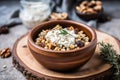 quinoa topped with crumbled goat cheese, walnut pieces in a rustic stone bowl