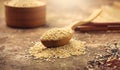 Quinoa White grains in a wooden bowl and spoon. Gluten free Healthy food. Diet, dieting concept. Seeds of white quinoa