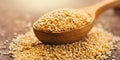 Quinoa. White grains in a wooden spoon. Gluten free healthy food. Seeds of white quinoa - Chenopodium quinoa