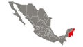 Quintana Roo state blinking red highlighted in map of Mexico