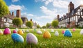 Easter eggs populate an typical English garden ready for egg hunt