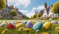 Easter eggs populate an typical English garden ready for egg hunt Royalty Free Stock Photo