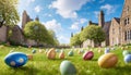 Easter eggs populate an typical English garden ready for egg hunt Royalty Free Stock Photo