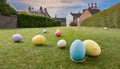 Easter eggs populate an typical English garden ready for egg hunt Royalty Free Stock Photo