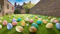 Easter eggs populate an typical English garden ready for egg hunt Royalty Free Stock Photo