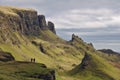 Quiraing, Isle of Skye, Scotland - Bizarre rocky landscape with two human figures standing on a cliff in the foreground