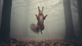 Quirky 8k Portrait: Red Squirrel Jumping In Fog-filled Forest