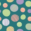 Quirky abstract doodle textured circles in green, pink, purple and yellow. Seamless vector pattern on teal background Royalty Free Stock Photo