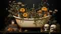 In a quirky and amusing vector graphic design, a skeleton indulges in a bath within a claw bathtub. Ceated with Generative AI