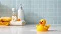 Quirky Bathroom Decor: Small Yellow Duck Toy as a Charming Accent - Generative AI