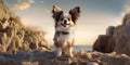 Quirky Canine Adorable Papillon Dog with a Funny Expression Poses in Shades. Generative AI