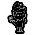 quirky cartoon icon of a man wondering wearing santa hat