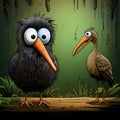 A quirky cartoon kiwi bird with brown fluffy feathers and a long beak. The kiwi is looking curiously at a small insect Royalty Free Stock Photo