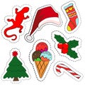 Quirky cartoon patch badges or fashion pin badges. Christmas decoration set: Royalty Free Stock Photo