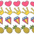 Quirky cartoon Seamless Pattern Pink heart, crown, diamond pineapple White background. Flat design.