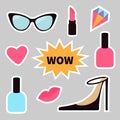 Quirky cartoon sticker patch badge set. Fashion pin. Lipstick, heart, wow text bubble star, diamond, shoes, lips, sunglasses, nail Royalty Free Stock Photo