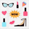 Quirky cartoon sticker patch badge set. Fashion pin. Lipstick, heart, wow text bubble star, diamond, shoes, lips, sunglasses, nail Royalty Free Stock Photo