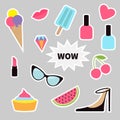 Quirky cartoon sticker patch badge set. Fashion pin. Lipstick, heart, wow text, cupcake, diamond, shoes, ice cream, watermelon, li Royalty Free Stock Photo