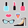 Quirky cartoon sticker patch badge set. Woman Fashion pin. Lipstick, diamond gem, shoes, lips, sunglasses, eye glasses, nail Royalty Free Stock Photo