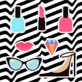 Quirky cartoon sticker patch badge set. Woman Fashion pin. Lipstick, diamond gem, shoes, lips, sunglasses, eye glasses Royalty Free Stock Photo