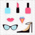 Quirky cartoon sticker patch badge set. Woman Fashion pin. Lipstick, diamond gem, shoes, lips, sunglasses, eye glasses Royalty Free Stock Photo