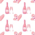 Quirky champagne and open heart seamless vector pattern background. Pink bottles, glasses, fizzy drink and love symbol