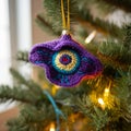 Quirky Charm: Knitted Christmas Tree Ornament With Purple Frog