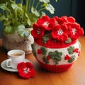 Quirky Charm: Knitted Red Flower With Cup Of Tea On Coffee Table