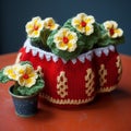 Quirky Charm: Red Knitted Basket With Yellow Flowers And Sweater-themed Ornaments