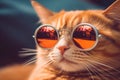 Quirky closeup, ginger cat with sunglasses adds a touch of humor