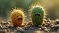 Quirky colorful cacti with faces display cheerful expressions in a warm desert setting during golden hour