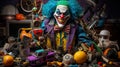 A quirky and colorful joker toy surrounded by a collection of playful and funny gadgets and props