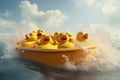 A quirky composition of a group of rubber ducks in a bathtub race