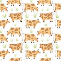 Quirky cows grazing grass seamless pattern