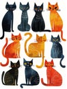 9 cats, funky cats, illustration, white background, nine cat, happy and sympathetic charisma