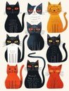 9 cats, funky cats, illustration, white background, nine cat, happy and sympathetic charisma